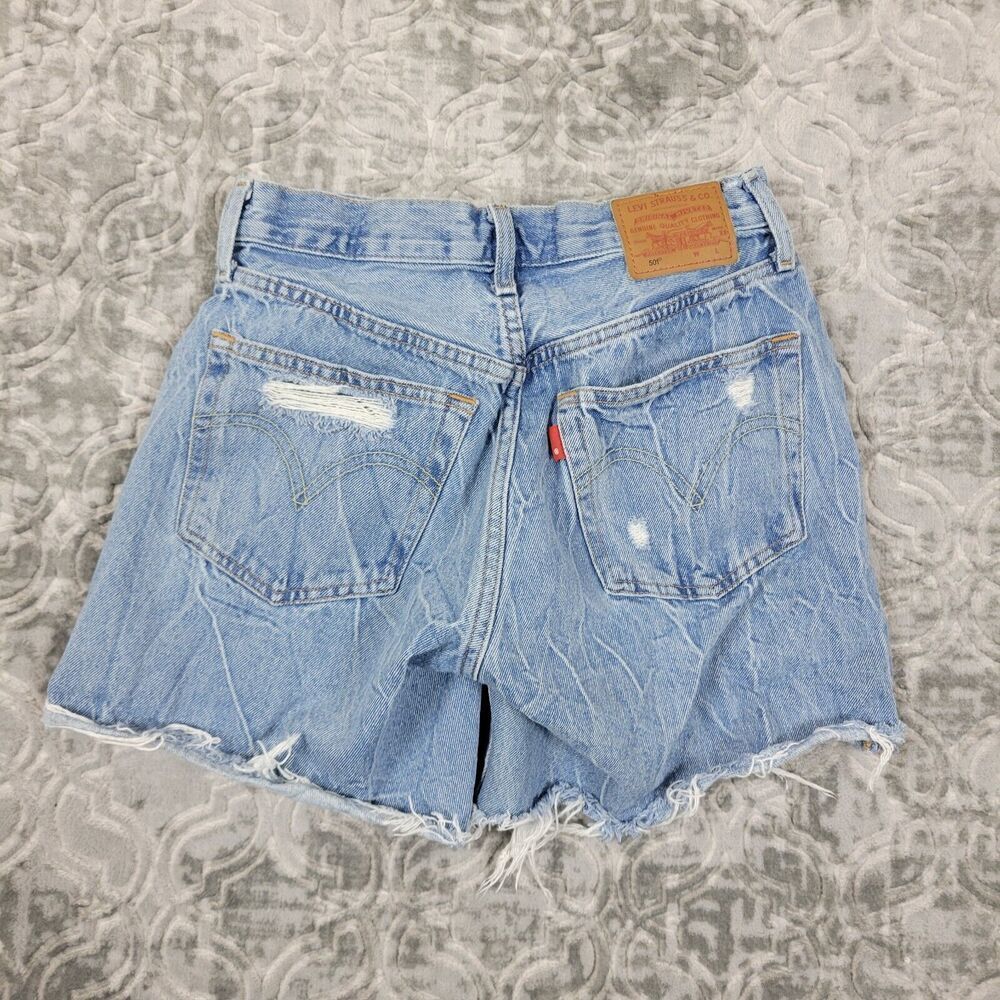 Levi's 501 Shorts Womens 26 Blue Premium Denim Button Fly Cut Off Distressed - Picture 2 of 12